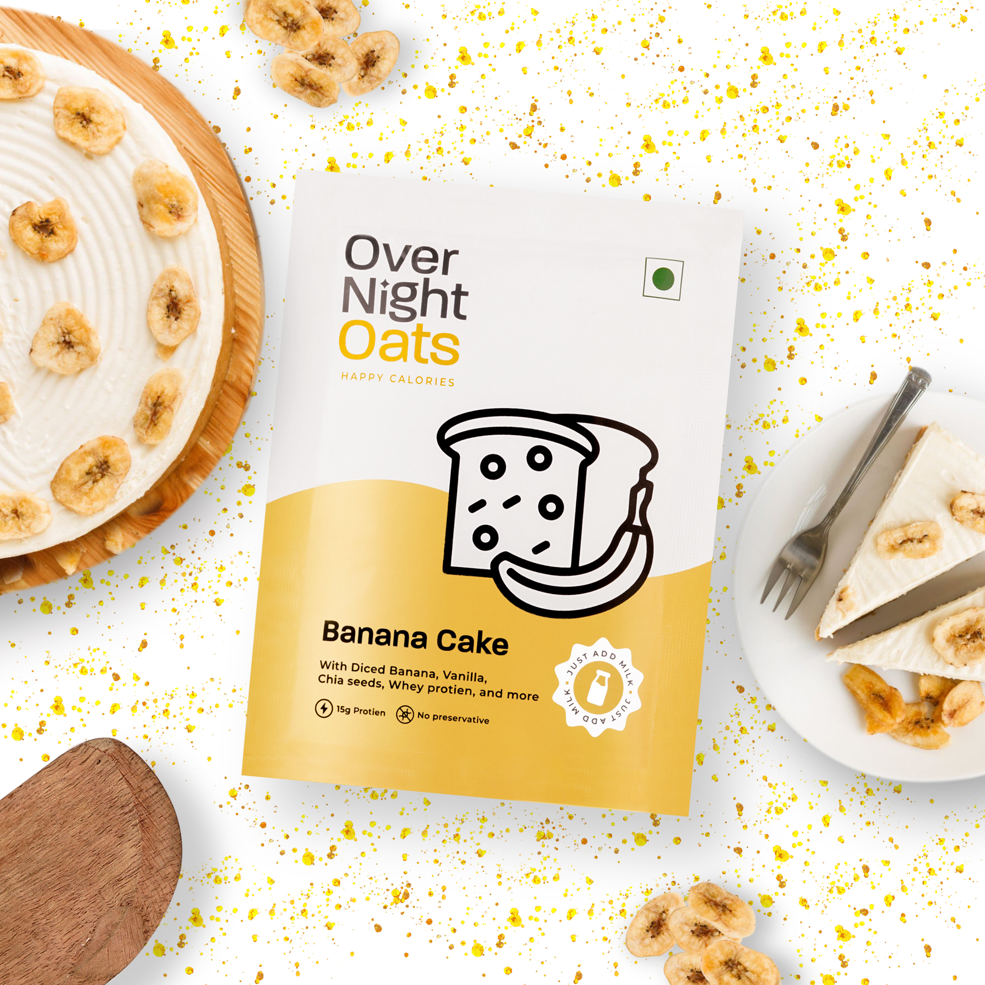 Overnight Oats High Protein, Refined Sugar Free, Diced Banana, Chia Seeds, Whey Protein & More (Banana Cake, 15grams Protein, Pack of 5)