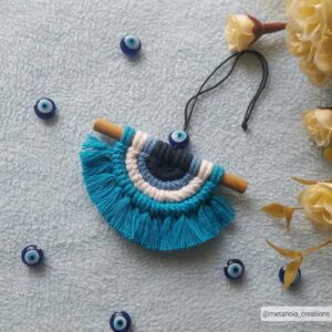 Macrame Evil Eye Wall Charm – Handmade, Boho Protection Decor with Wooden Rod