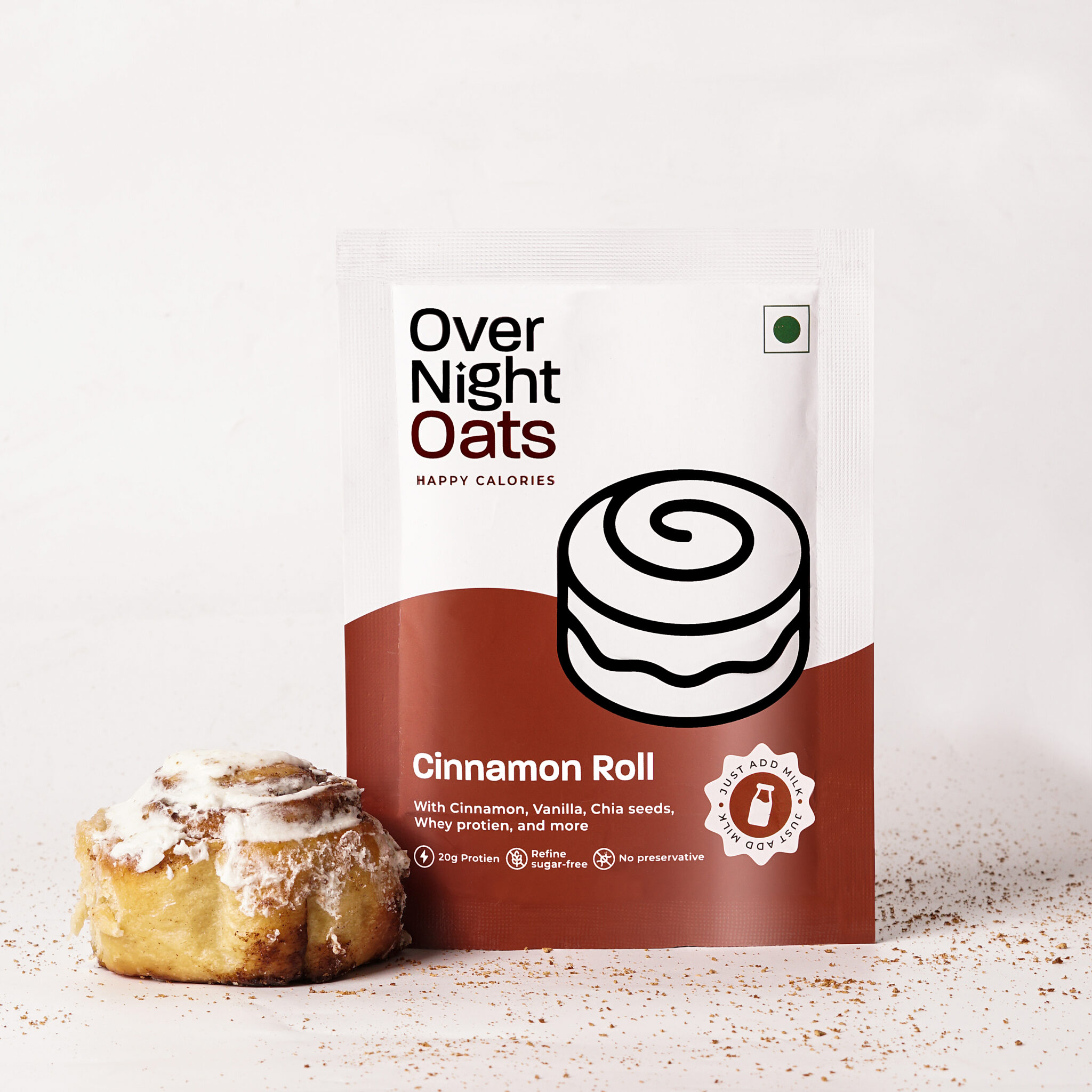 Overnight Oats 20gm High Protein, Refined Sugar Free, With Cinnamon, Vanilla, Chia Seeds, Whey Protein & more| Breakfast Cereals for Weight Management| (Cinnamon Roll, Pack of 5)