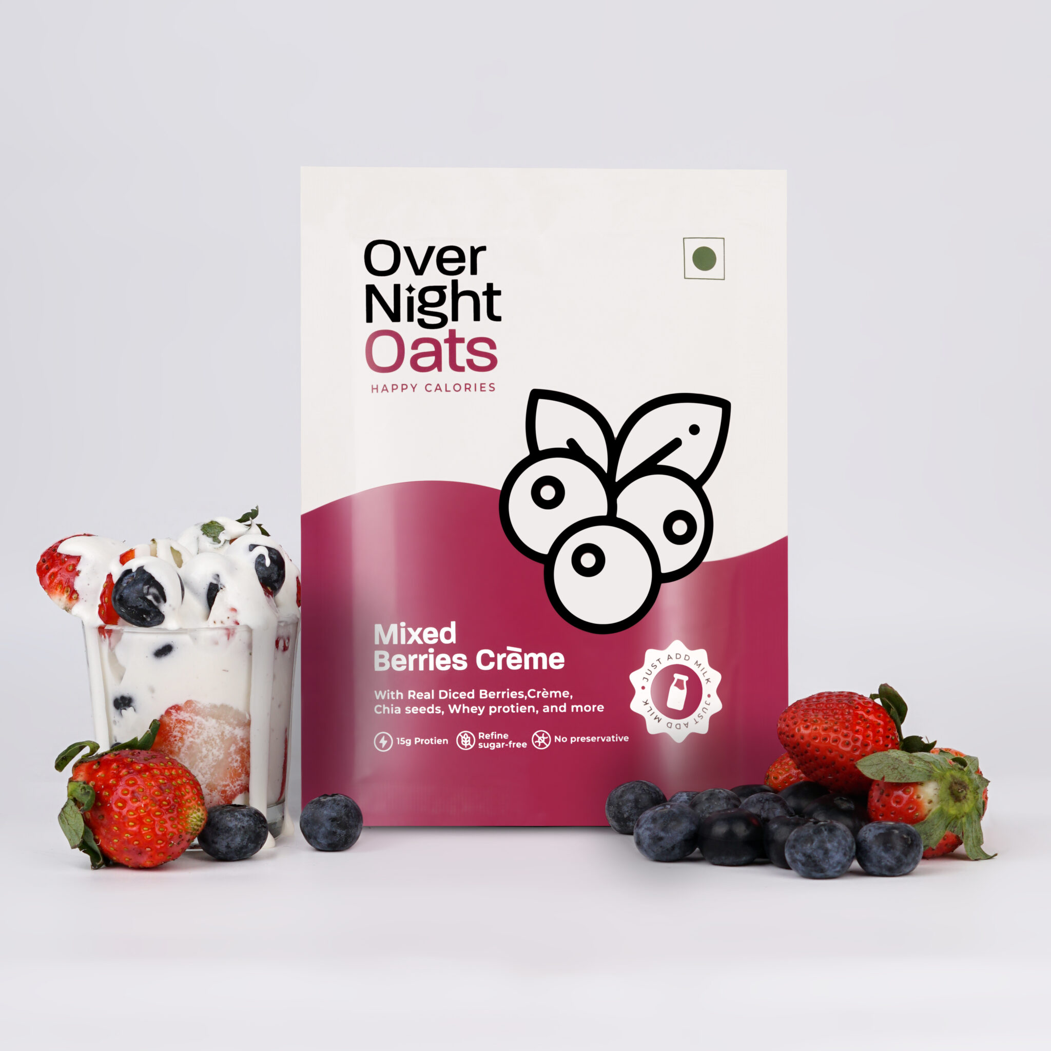 Overnight Oats 15gm High Protein, Refined Sugar-Free, Real Diced Berries, Chia Seeds, Whey Protein & more (Mixed Berries Creme, 85gm each) | Pack of 5