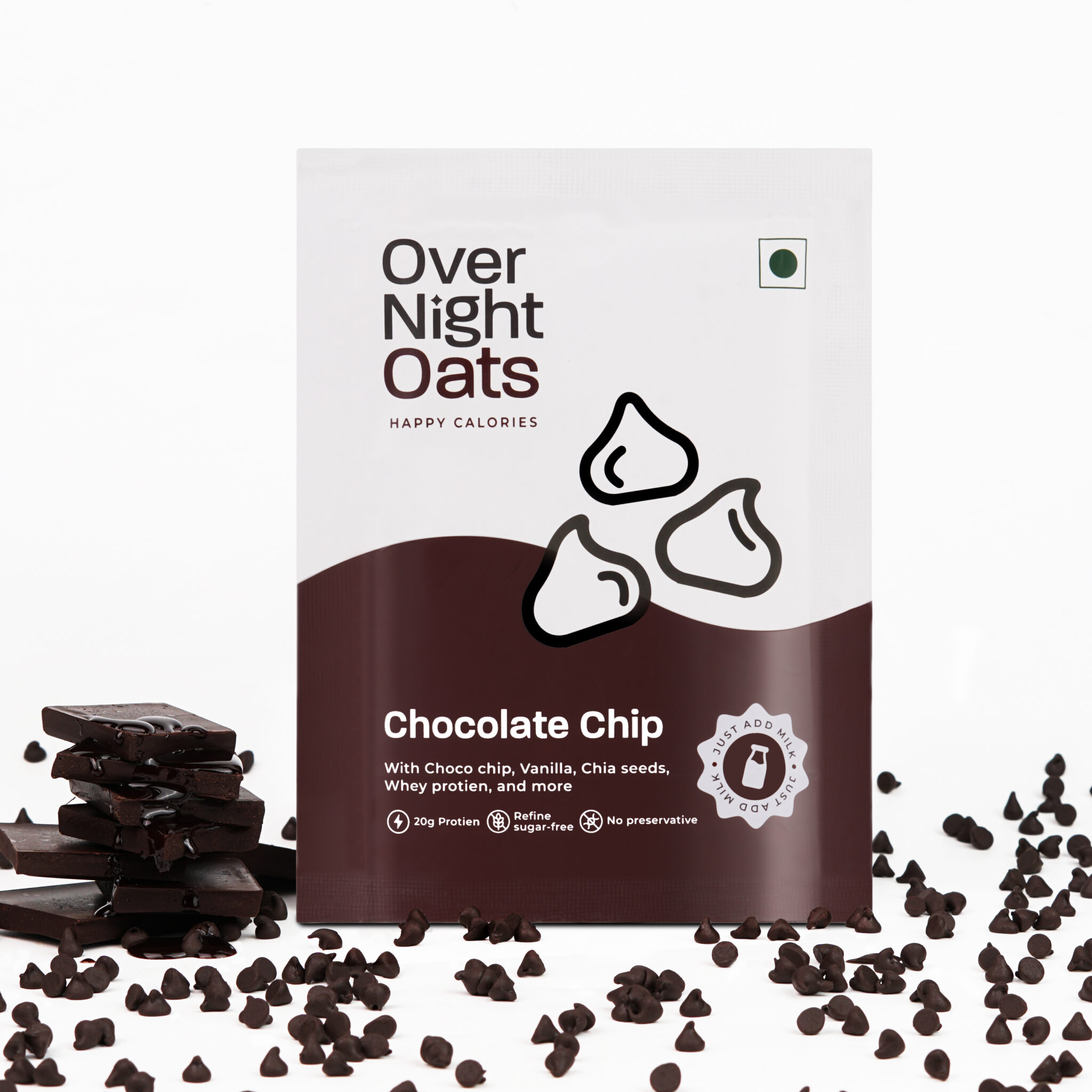 Overnight Oats 20gm High Protein, Refined Sugar Free, With Choco Chip, Chia Seeds, Whey Protein & more (Chocolate Chip, 85gm each)| Breakfast Cereals for Weight Management| Pack of 5