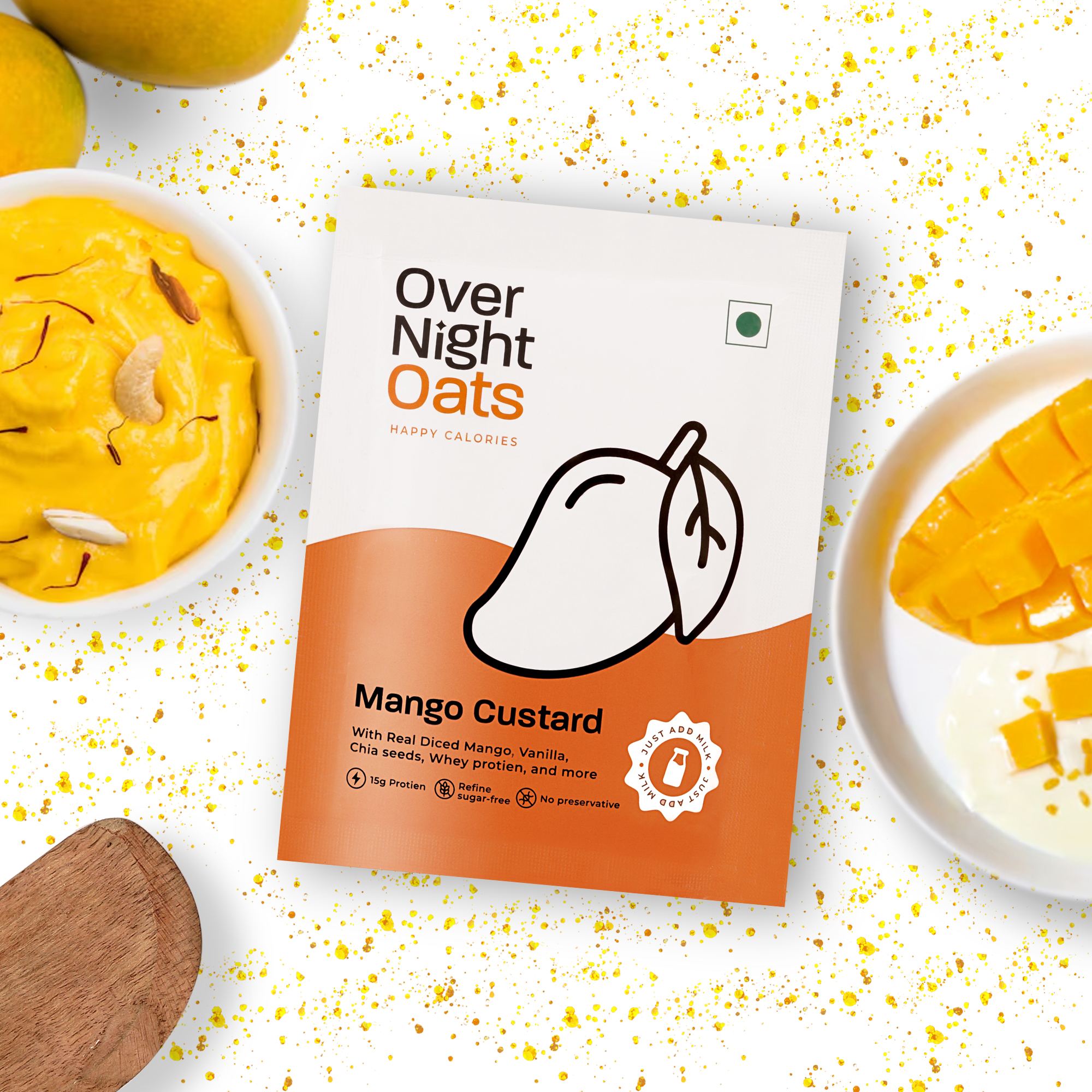 Overnight Oats 15gm High Protein, Refined Sugar-Free, Real Diced Mango, Chia Seeds, Whey Protein & more| Breakfast Cereals for Weight Management| (Mango Custard, 15grams Protein, Pack of 5)