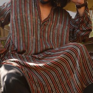 Taha Black Striped Unisex Silk Kurta