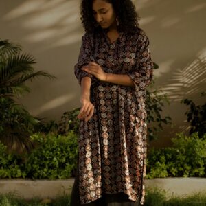 Ramin - Black Handblock Unisex Silk Kurta