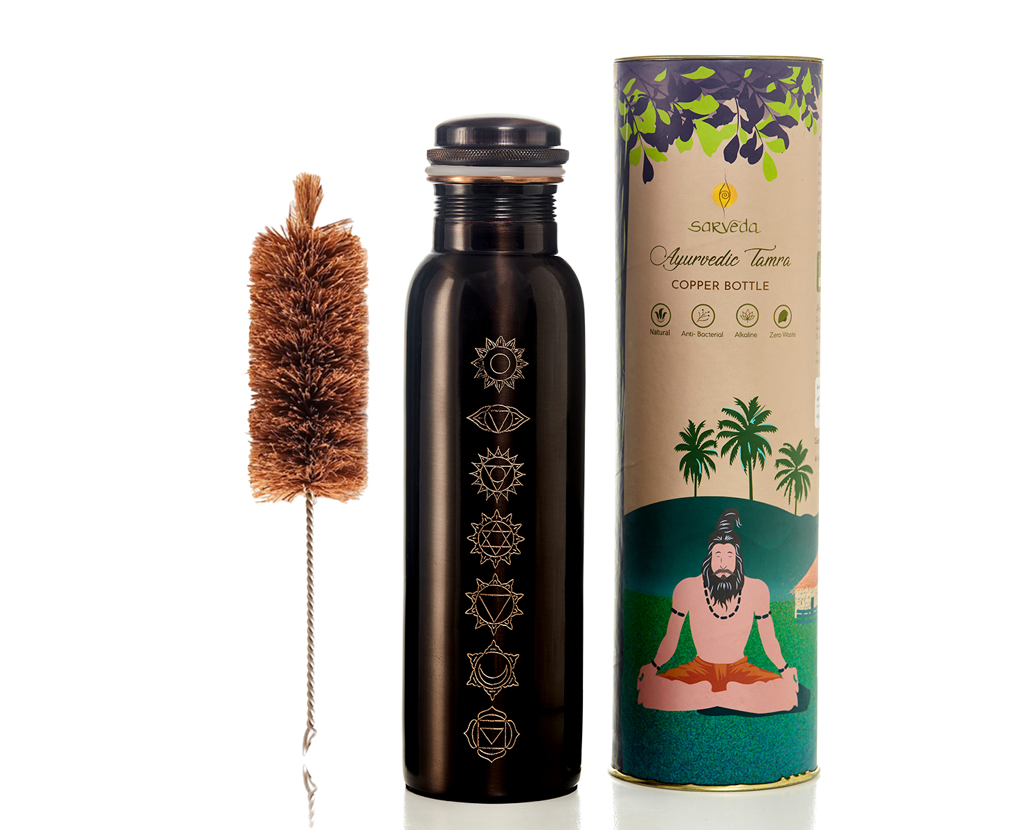 Sarveda 7 Chakra Vintage Copper Water Bottle with Cleaning Brush 1 Litre